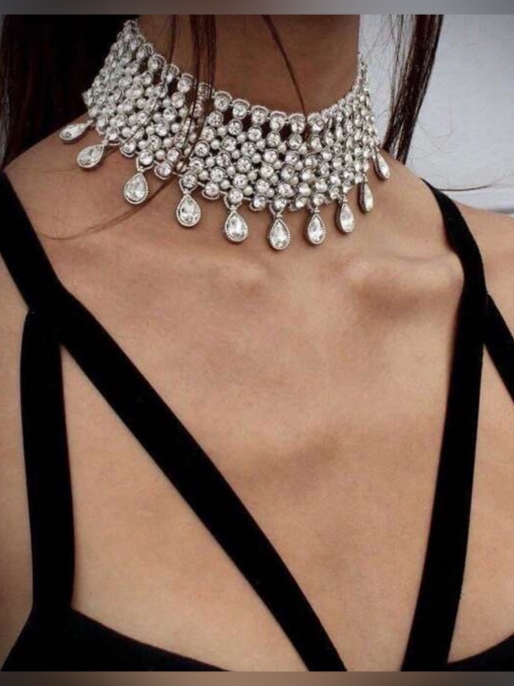 New Boho Elegant Silver Stacked Teardrop Crystal Choker Necklace